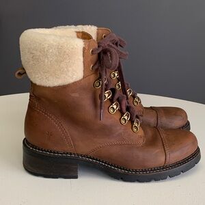 Frye Brown Combat Boots with Cream Collar
